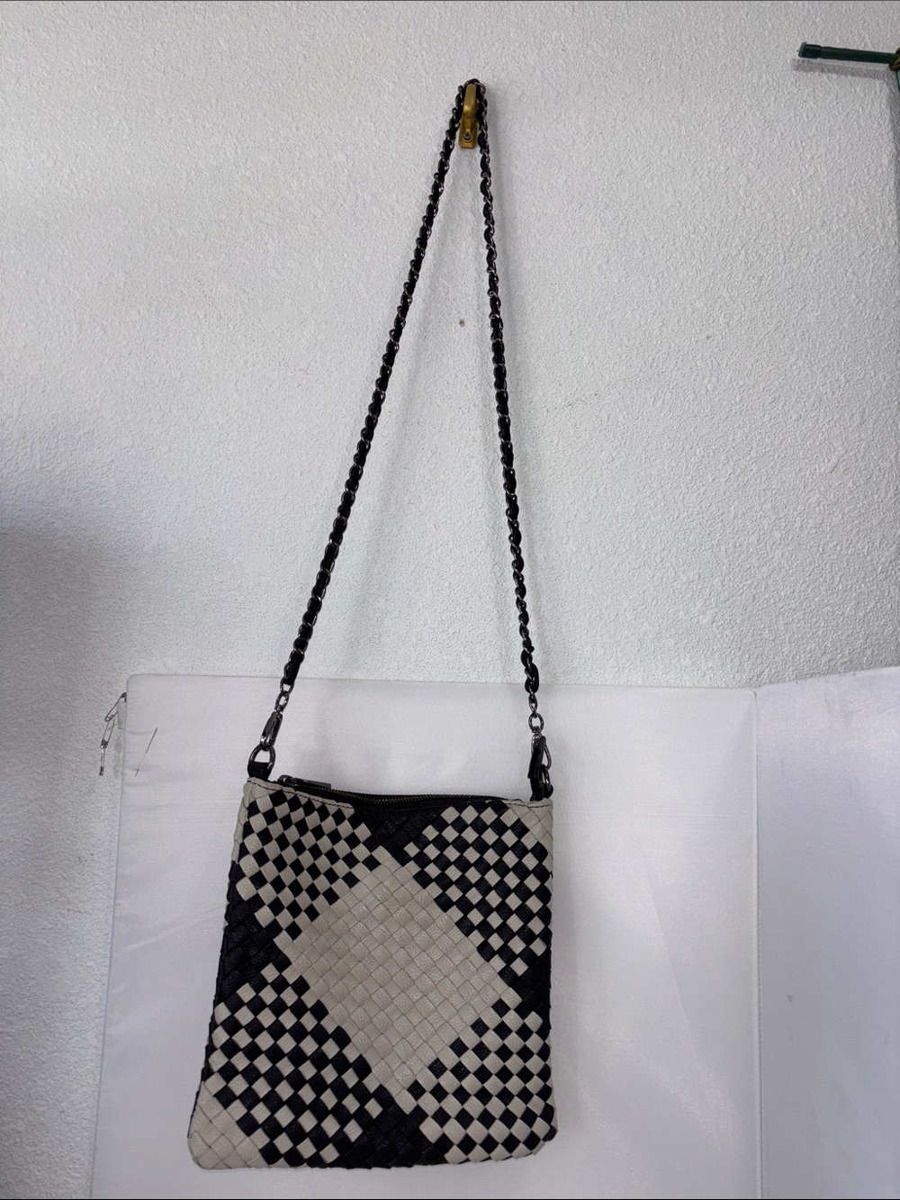 Lionel Woven Checkerboard Crossbody Bag.